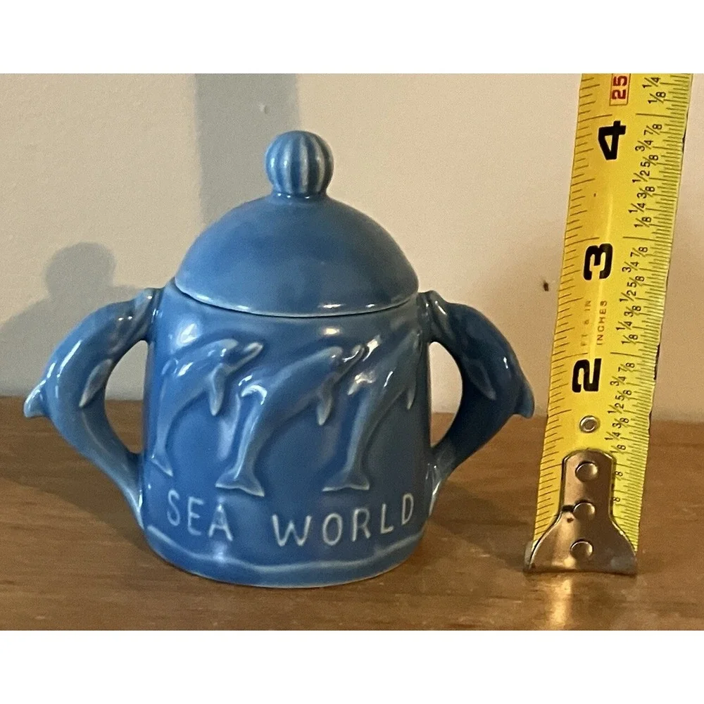 1974 Vintage Blue Sea World Ceramic Sugar Bowl with Dolphins -Japan